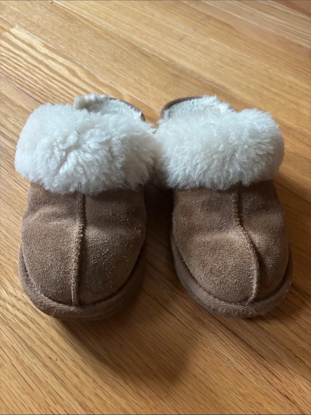 UGG Kids Brown Suede Slippers with Cream Shearling Cuff